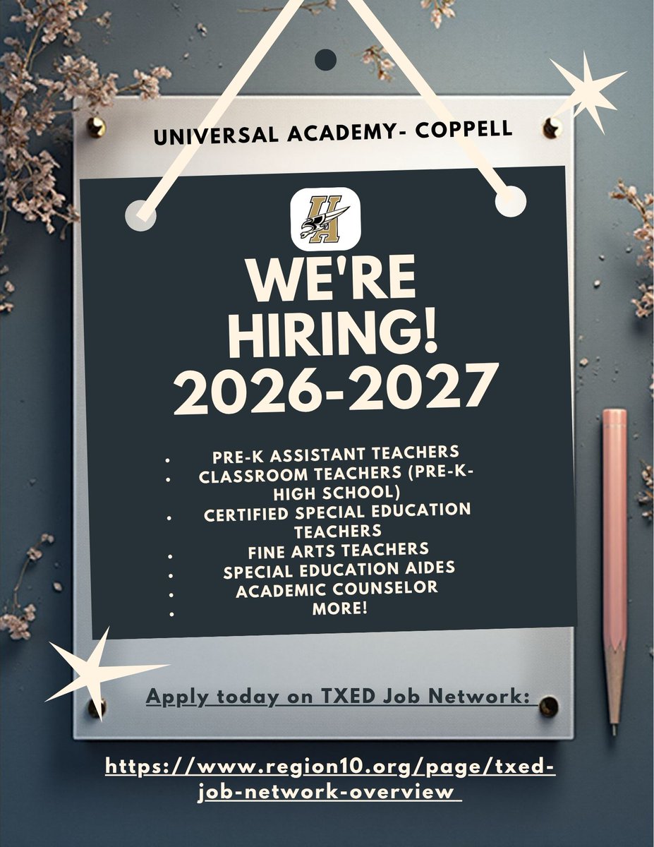 Looking for your next teaching opportunity? Universal Academy Coppell is hiring for the 2026–2027 school year! 🌟 Join a supportive team dedicated to student success. Interested or know someone who might be?  📚🍎 txedjobs.org (or search TXED Job Network)