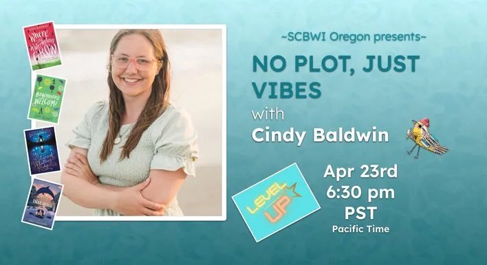 MNZOODDS's tweet photo. Check out this webinar from SCBWI Oregon: 
Level Up with Cindy Baldwin
April 23, 2026 (registration closes April 20): No Plot, Just Vibes - Are you the kind of writer who goes into a story with no idea of what's actually going to happen, but a strong grasp of the vibe you want to capture? Are you a reader who likes to save witchy reads for October and summery reads for July? Have you ever argued with someone about whether every scene in a book really needs to move the action forward, or how much plot a book actually needs? Then this is the class for you! Cindy Baldwin has made my career as a vibes-based writer who also learned to write a strong enough plot to get a book through the publishing gatekeepers. In this class, she'll teach you how to go from "vibe" to "real book."
https://t.co/CZkuNg7mXX