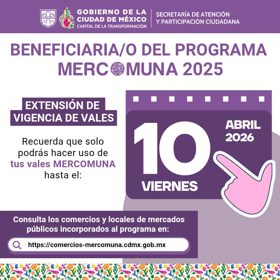 SAPCI_CDMX's tweet photo. Beneficiaria(o) de #MERCOMUNA 2025

Recuerda que puedes utilizar tus vales hasta el viernes 10 de abril de 2026.

Consulta los comercios y locales de mercados públicos incorporados al programa en:
🔗 https://t.co/WjpUXSJyBF

#CapitalDeLaTransformación https://t.co/aZFWBiegtl