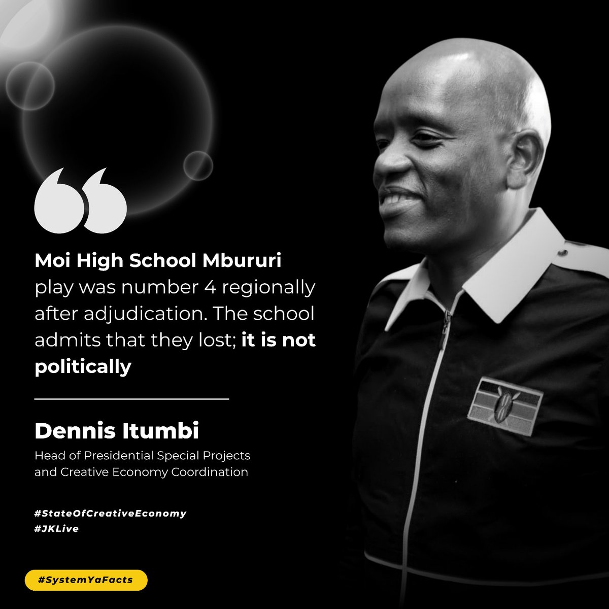 Ruto_nated's tweet image. Dennis Itumbi clarifies that reports claiming a play was banned were inaccurate, emphasizing that adjudication was fair and based on merit within the National Drama Festivals process. Dennis Itumbi #StateOfCreativeEconomy #JKLive