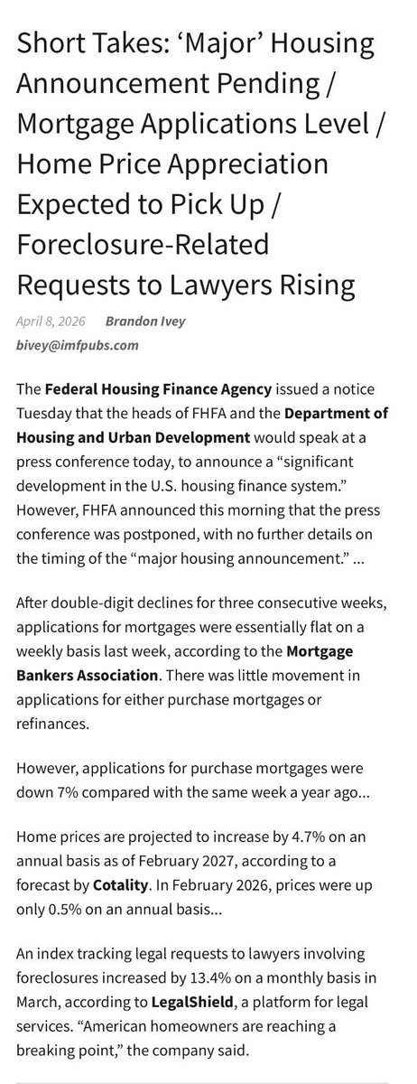 $FNMA $FMCC 

A press conference with the heads of FHFA and HUD has been postponed.

But a "major housing announcement" is pending.

With Iran winding down, are Fannie Mae &amp; Freddie Mac finally on deck?

Stay tuned.

insidemortgagefinance.com/articles/23714…