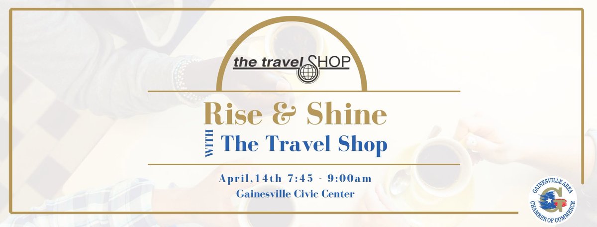 GainesvilleCofC's tweet image. Please join us for our Rise &amp;amp; Shine hosted by The Travel Shop - Tamara Sieger on April 14th! Enjoy breakfast while learning how working with a travel agent can benefit you!🏖️

#RiseAndShine #TravelAgent #Networking