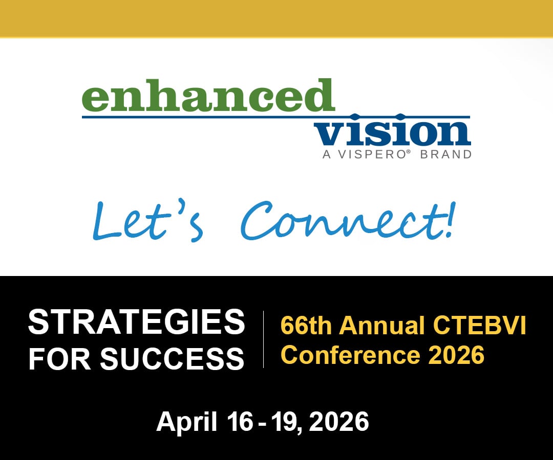 enhancedvision's tweet photo. We’re excited to be at the upcoming 66th Annual CTEBVI Conference next week! Meet with James Bailey and Ian Ramos to explore low vision and blindness solutions that support education, independence &amp; inclusion.

Can't make it? No problem, visit:
https://t.co/UyWUdIVGnF

#CTEBVI https://t.co/63nyUlDkw8