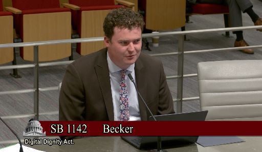 ccianet's tweet image. This week, CCIA’s Aodhan Downey testified in Sacramento to the California state legislature on SB 1142, the Digital Dignity Act. CCIA warns that SB 1142’s notice-and-takedown framework raises serious #FirstAmendment concerns by requiring platforms to remove content based on