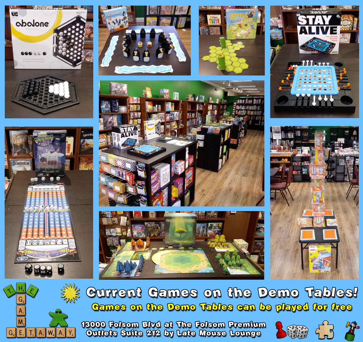 TheGameGetaway's tweet photo. 🎲 Free demo games to play at The Game Getaway!

Play Abalone, Pengoloo, Battle Sheep, Stay Alive, Cosmic Cows, Photosynthesis &amp; Rhino Hero XXL.

You can play more from the Wall of Games (1,500+ games) is just $6 per person. https://t.co/O2YPrqduwU