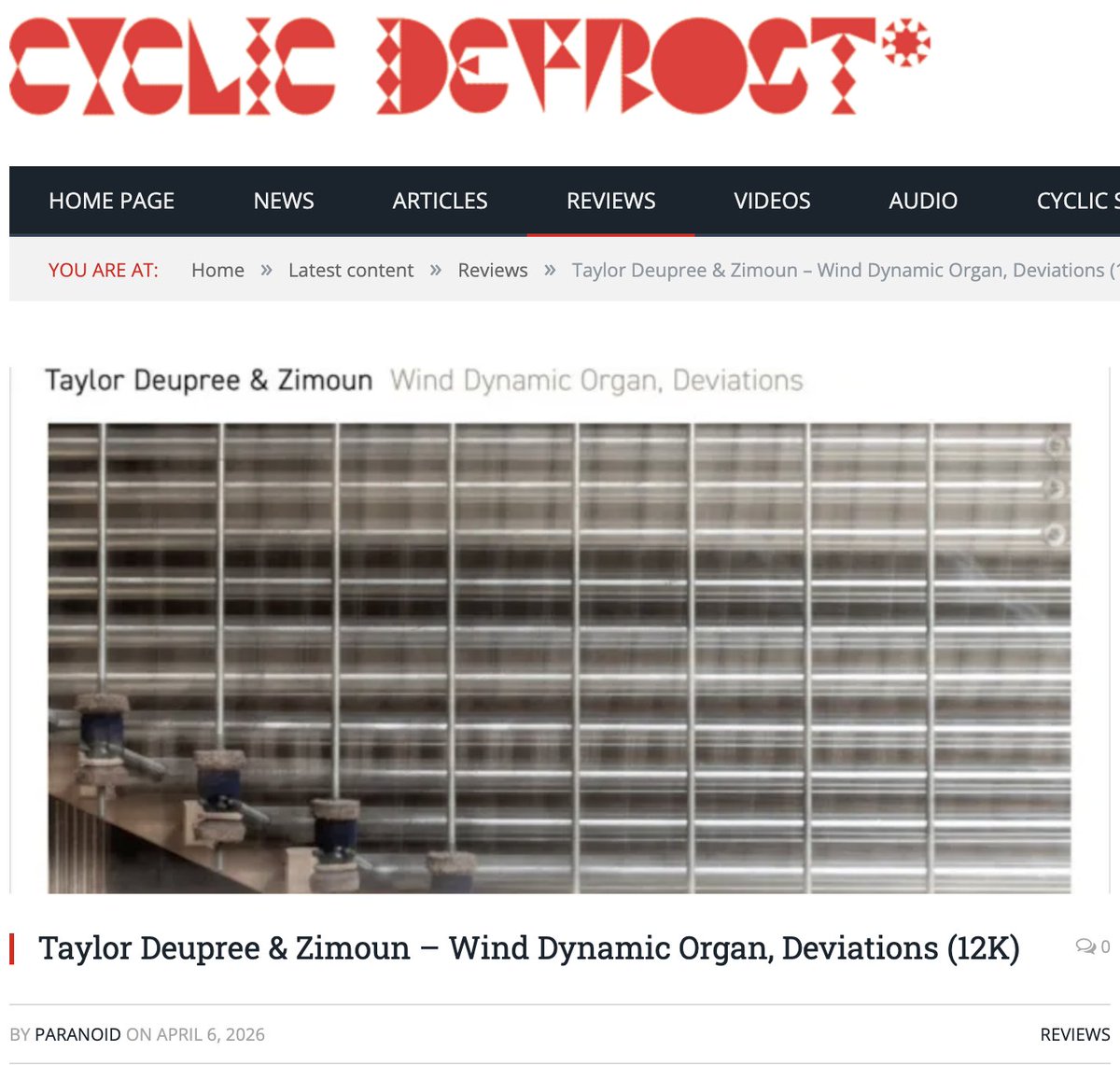 paranoidtxt's tweet photo. A review of ‘Wind Dynamic Organ, Deviations’, by Taylor Deupree &amp; Zimoun. ▲
-
https://t.co/QNl5Ye3Q1r 
-
@taylordeupree @cyclicdefrost @dense_pr https://t.co/lEEU2f8pui