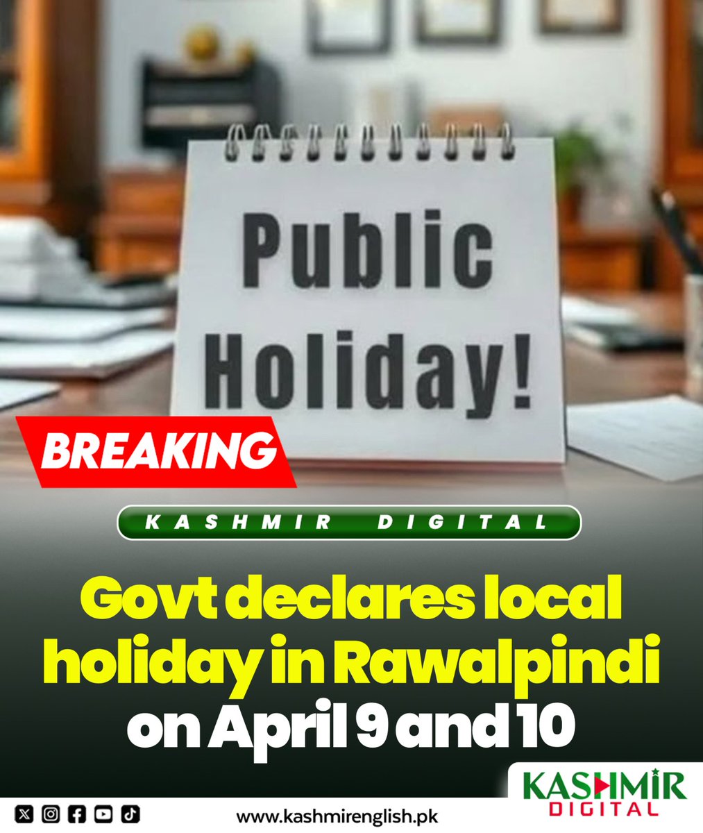 KashmirDigital1's tweet image. Govt declares local holiday in Rawalpindi on April 9 and 10

To read more visit: kashmirenglish.pk/govt-local-hol…

#Govt #Declares #LocalHoliday #Rawalpindi #April9 #US #Iran #Talks
