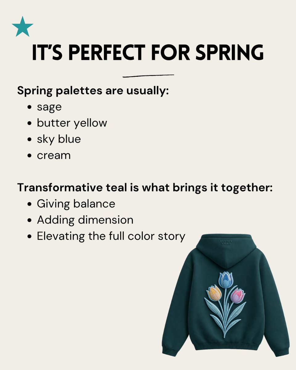 BetterSwag's tweet photo. Transformative Teal 

Calming. Fresh. Elevated. 

A color that brings contrast, cohesion, and calm while still feeling versatile and refined.

From hoodies to packaging, teal is defining the palette right now.

https://t.co/DkVhMYsjbp https://t.co/fUPAUUtljX