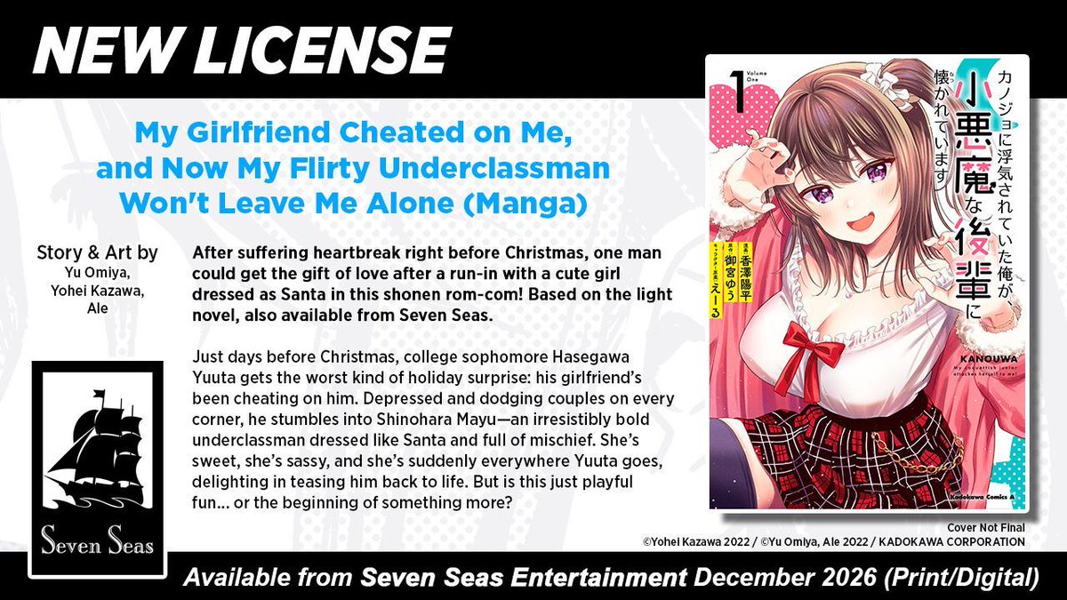 gomanga's tweet image. Brand-new license announcement! MY GIRLFRIEND CHEATED ON ME, AND NOW MY FLIRTY UNDERCLASSMAN WON'T LEAVE ME ALONE (MANGA) by Yu Omiya, Yohei Kazawa, and Ale. The shonen rom-com about a man and his cute underclassman—light novels also from Seven Seas!

sevenseasentertainment.com/2026/04/08/sev…