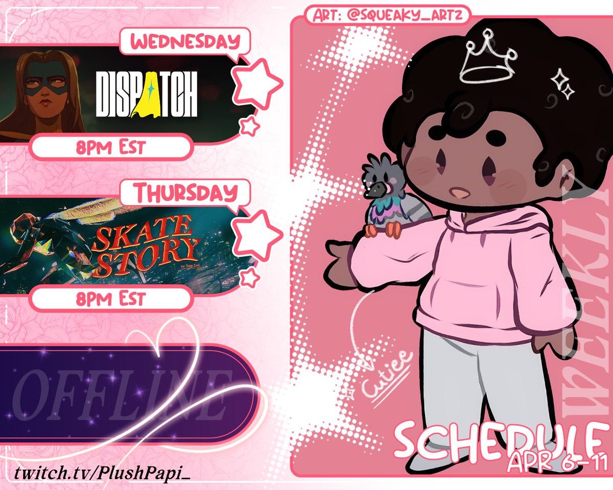 PlushPapi's tweet photo. 🌺 STREAM SCHEDULE 🌺
missed my stream yesterday, so to make up for it ya'll get two stream days back to back! we're doing an assh*le run in Dispatch tonight and taking a leap back into the madness that is Skate Story tomorrow. 🛹
come say hi to your house-husband. 💕 https://t.co/4lDlUMGOvM