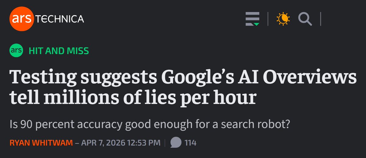 BobParksBnR's tweet image. GARBAGE-IN-GARBAGE-OUT OF THE DAY
If you consider #HAL9000 became murderous to cover up the discovery he made ONE error, 1 in 10 answers being wrong can't be taken lightly.
Then again, the programmers are #Googlers....
#AIOverviews #AI