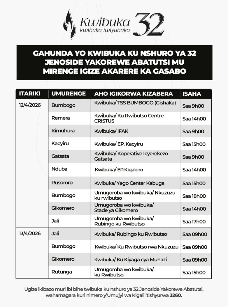 Gasabo_District's tweet photo. Uko gahunda yo Kwibuka ku nshuro ya 32 Jenoside yakorewe abatusi  mu Karere ka Gasabo iteye:

Twibuke Twiyubaka
#Kwibuka32 https://t.co/IDiuygFSBb
