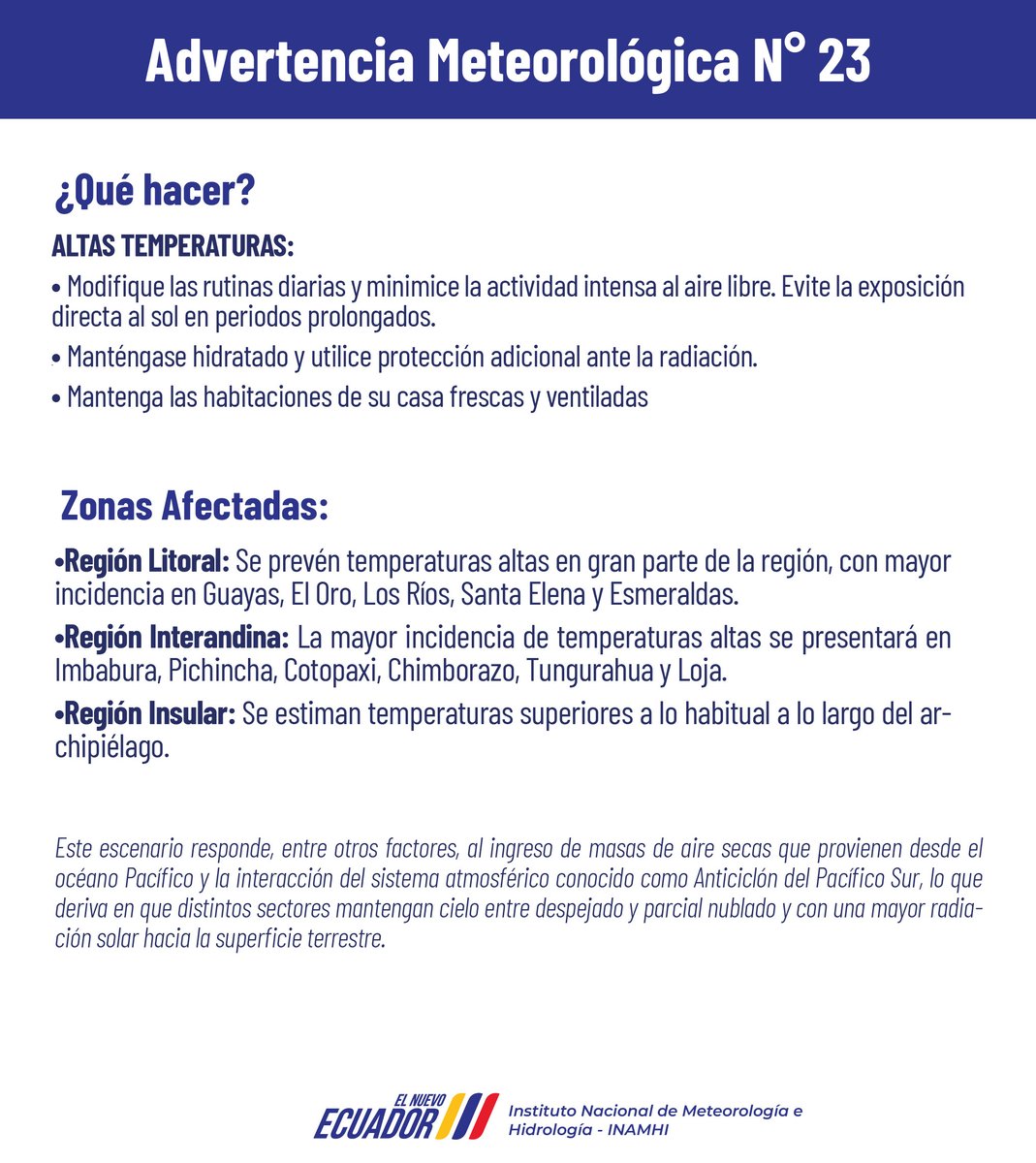 inamhi_ec's tweet photo. #AdvertenciaMeteorológicaEc #23 | Incremento de la temperatura ambiente en horas del día. ☀️🥵

Entre el 09 y el 12 de abril de 2026 se prevé un incremento de la temperatura ambiente en gran parte de la región Litoral y en sectores específicos de la Sierra. https://t.co/KN79RuAAQG