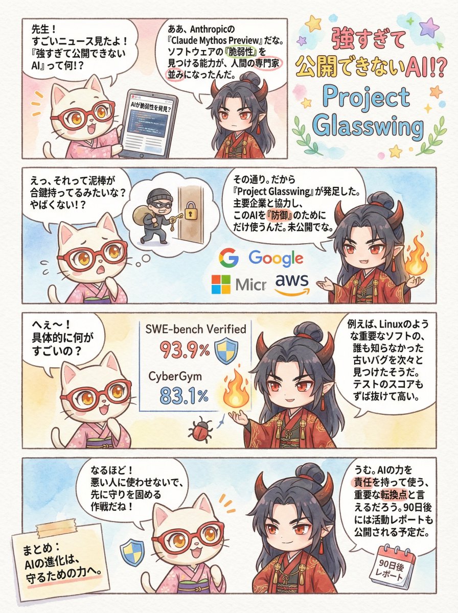 hAru_mAki_ch's tweet image. 「危険すぎて公開できない」。。。
AnthropicがProject Glasswingを発表🔐

新モデル「Claude Mythos Preview」は
✅27年前のOpenBSDバグを自律発見
✅500万回のテストをすり抜けたFFmpegバグを発見
✅Linuxで権限昇格の連鎖攻撃経路を自律構築

SWE-bench Verified 93.9%を記録しながら、