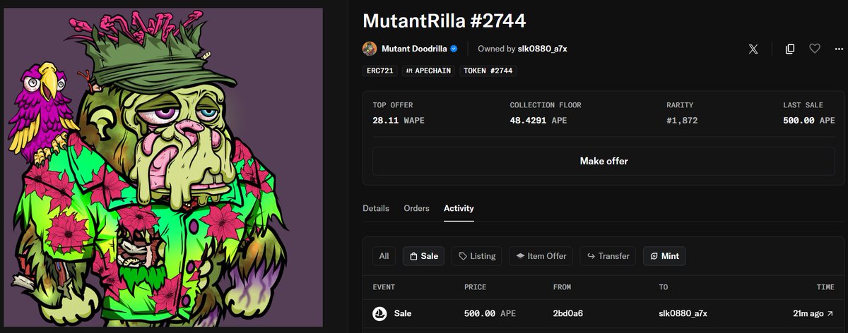 Doodrillas's tweet photo. This insane Double Bored @MutantRillas is on the move with an ATH sale for MutantRillas of 500 Ape. Congrats to the Buyer and Seller https://t.co/1Ga8BnnY5j