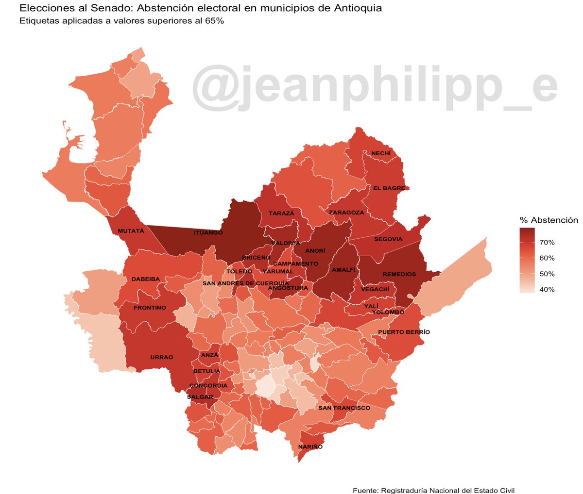 jeanphilipp_e's tweet photo. Abstención en Antioquia - Elecciones al Senado de 2026. Elaboración propia con datos de la Registraduría Nacional del Estado Civil.