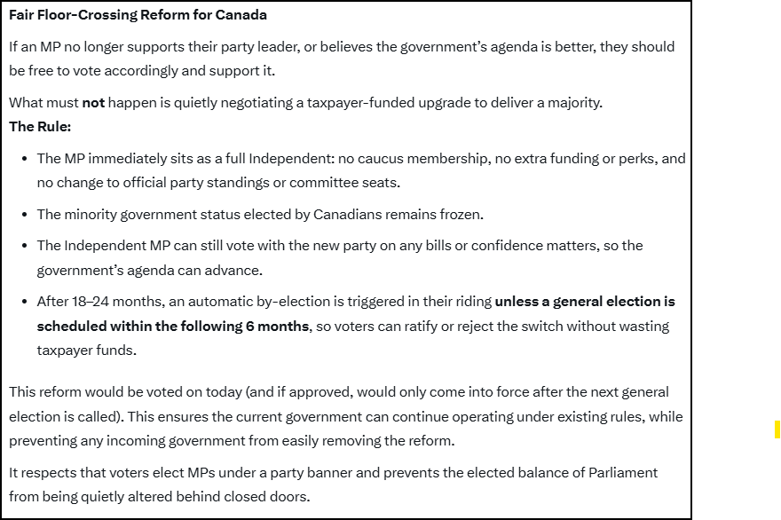 bmagill1979's tweet photo. @gator_gum Exactly. I dislike floor-crossings, but future adoption is the only way to make reform palatable to sitting MPs. This proposed policy fixes the "backroom deal" problem for the next Parliament while respecting the current mandate. Principles over perks. #cpc_hq, #lib2026, #BlocQC https://t.co/kgpm1mNQ3P