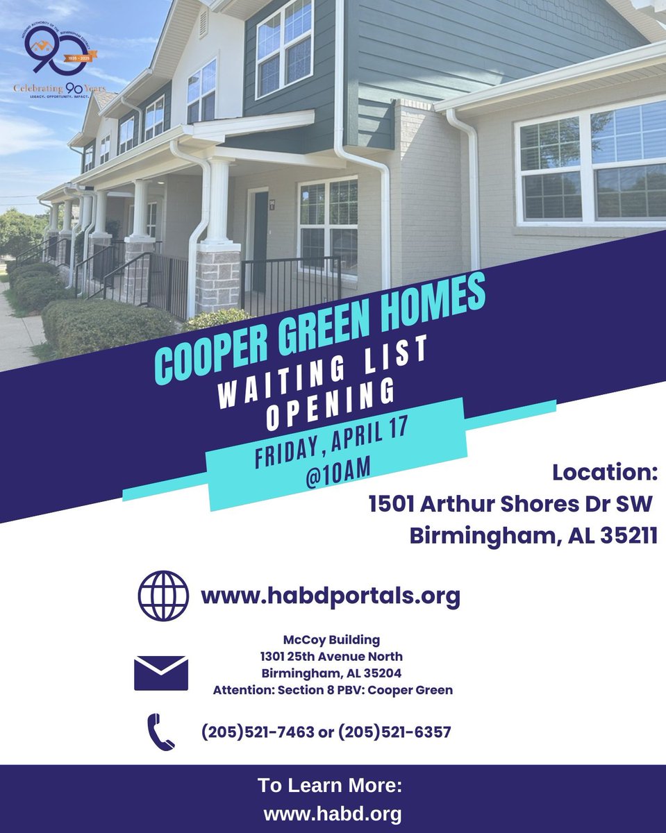 HousingBham's tweet photo. We are excited to announce the waiting lists for The Villas at Titusville and Cooper Green Homes will open next week! Be sure to check out https://t.co/7jQeedjJK7 for more info! #PublicHousing https://t.co/enemdpjtQO