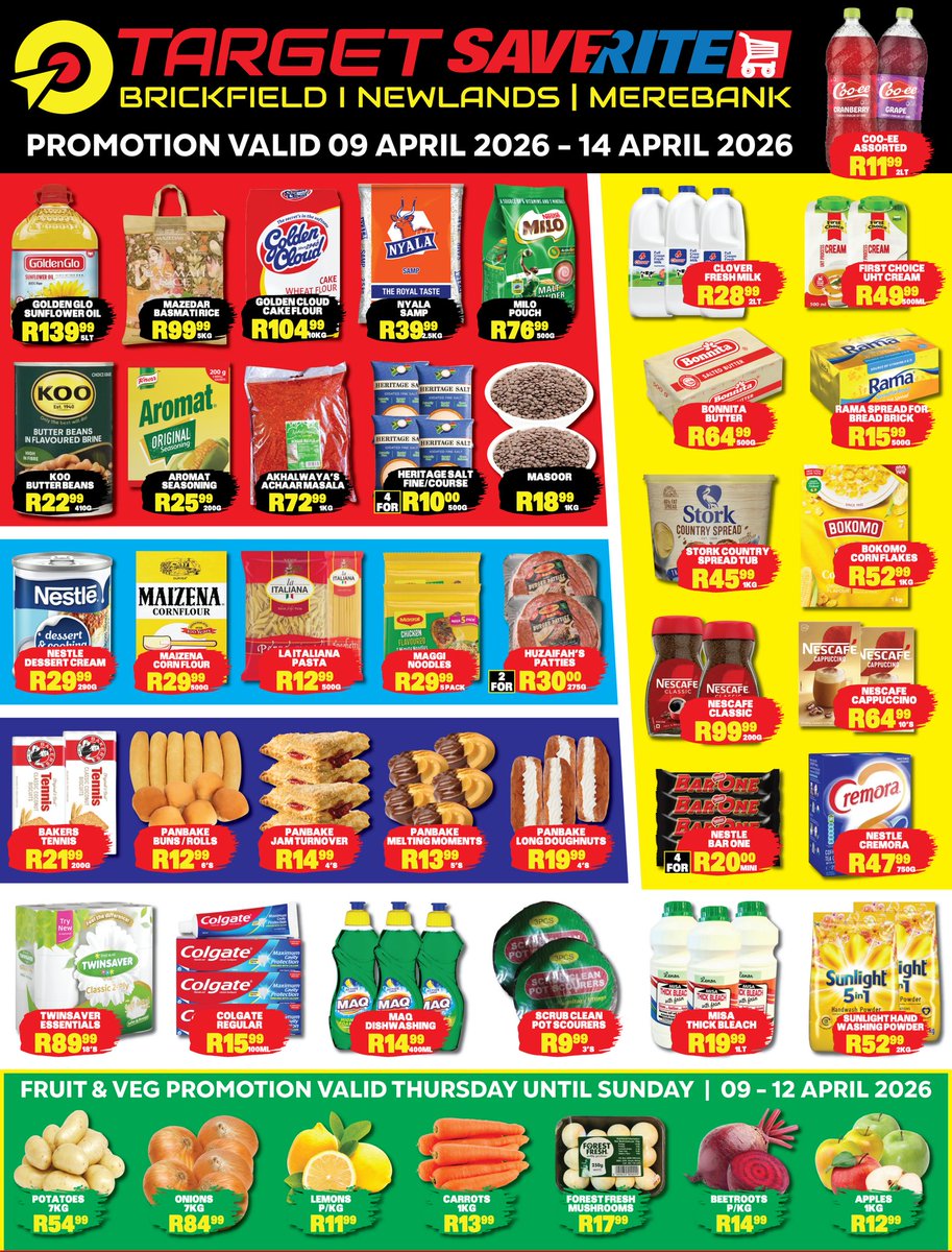 targetnewlands's tweet image. Big savings are HERE! 🔥🛒
Stock up on all your favourites at unbeatable prices — only at Target Saverite!

🗓️ 09–14 April 2026
📍 Brickfield | Newlands | Merebank

Hurry in while stocks last! 💥

#TargetSaverite #WeeklyDeals #ShopAndSave #DurbanDeals #BulkSavings