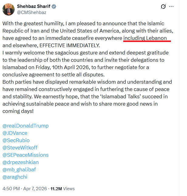 It's amazing. This time, instead of killing Iran's negotiators, we just just make deals, then break them the next day.

This is yesterday, from the Pakistani PM, the guys who brokered the deal.

Today U.S. officials are completely denying what was said yesterday. 

<a href="/jdvance/">JD Vance</a>