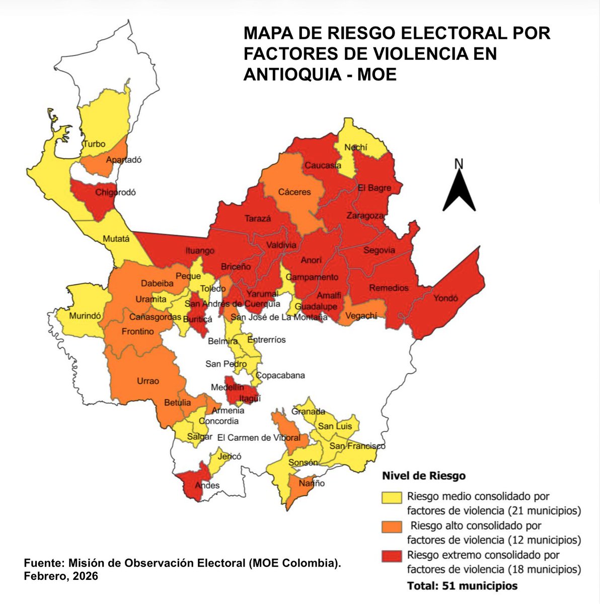 jeanphilipp_e's tweet photo. Riesgo electoral por factores de violencia en Antioquia, a corte de febrero de 2026. Fuente: Misión de Observación Electoral (MOE Colombia).