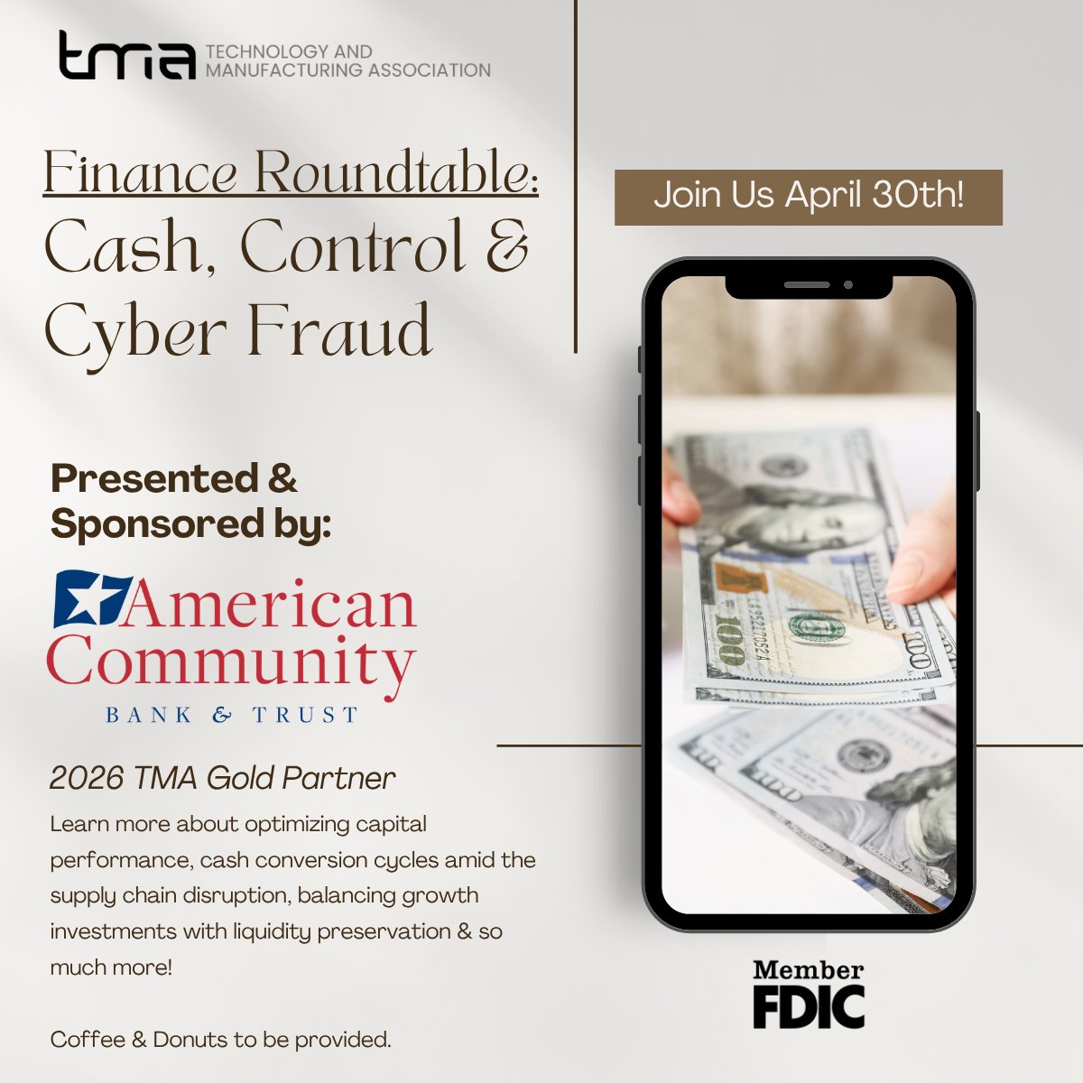 TMAInfo's tweet photo. Manufacturers, protect your cash flow! Join our Finance Roundtable on April 30, 8–10 AM CST at American Community Bank &amp; Trust. Breakfast included. 🔗 Register now https://t.co/ORCIShoEKN https://t.co/kXT4Uem3or
