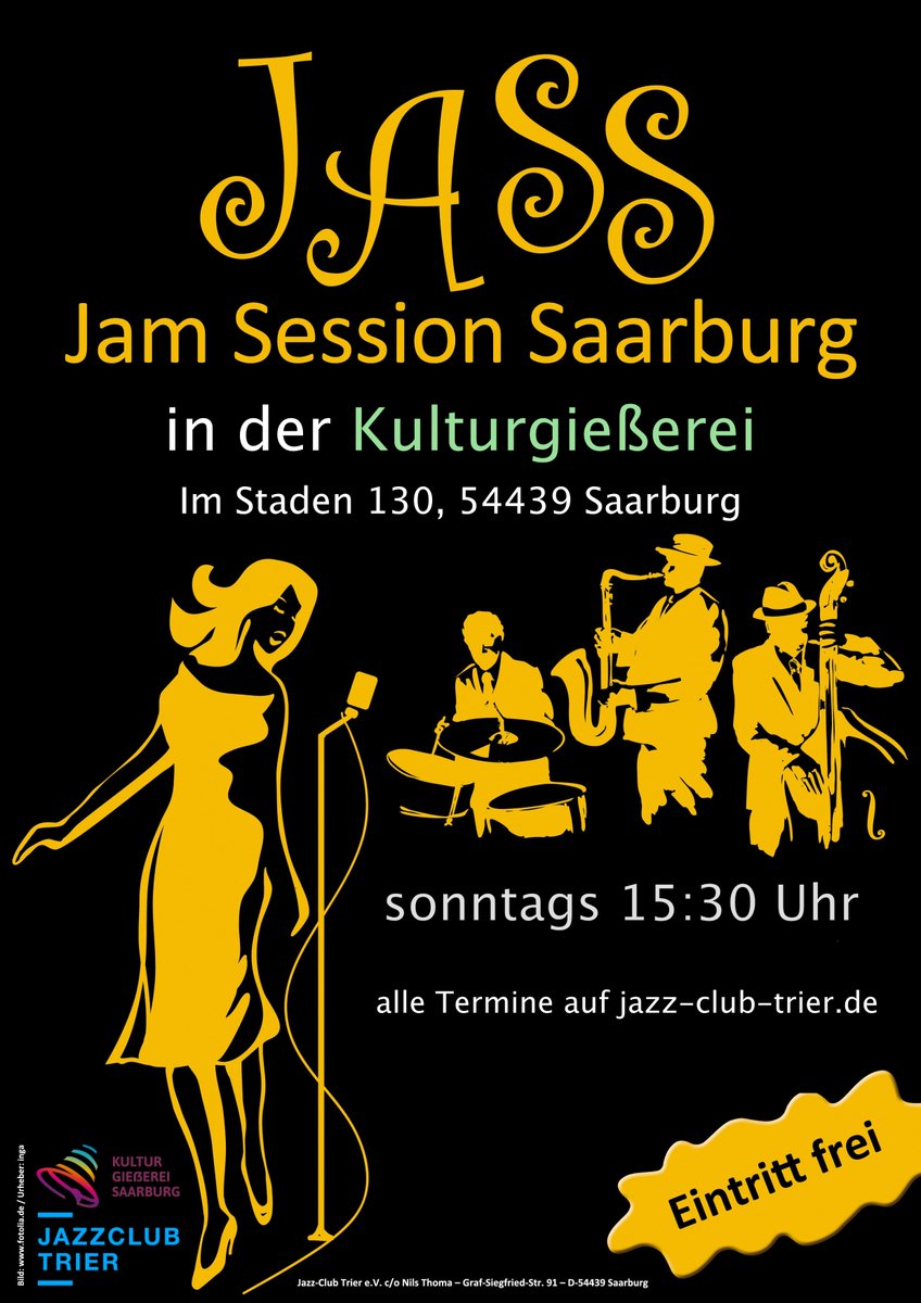 JASS – Jam Session Saarburg
Am Sonntag, 12.04.2026, ab 15:30 Uhr gibt es wieder die JASS in der KulturGießerei Saarburg mit swingendem Jazz, offener Bühne und entspannter Café-Atmosphäre.
Wo: KulturGießerei, Saarburg
Eintritt ist frei.

#jazzclubtrier #saarburg #jazz