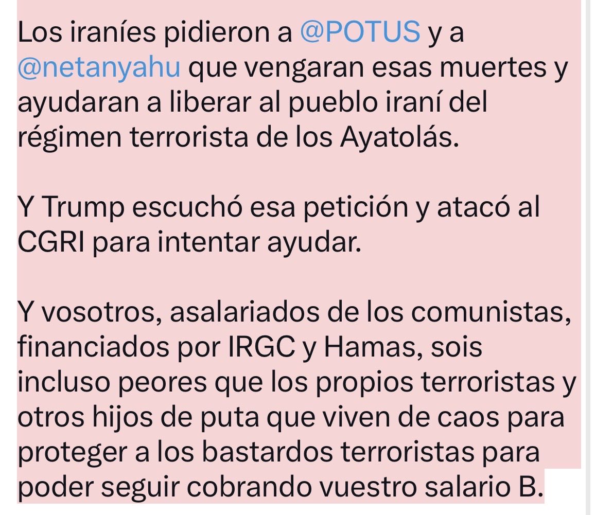 <a href="/El_Intermedio/">El Intermedio</a> <a href="/guillermofesser/">GUILLERMO FESSER</a> Desgraciados, os lo digo claro: xq atacó <a href="/realDonaldTrump/">Donald J. Trump</a> al régimen bastardo de los Ayatolás:

Hace 3 meses, el pueblo iraní, harto de la subida del coste de vida —casi multiplicado por 3 en un año— salió a la calle. En solo 48 horas, el régimen asesinó a más de 36.500 personas.