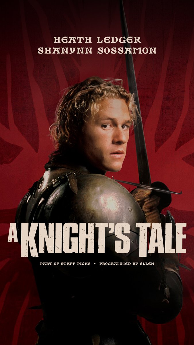 Belcourt's tweet image. This Mon at 8pm, it's Belcourt #StaffPicks time!

A KNIGHT'S TALE programmed by Ellen — "dreamy Heath Ledger as the protagonist, one-liners that rattle around in your head and always solicit a giggle, and a  soundtrack that's banger after banger!" &amp;gt; bit.ly/A-KNIGHTS-TALE