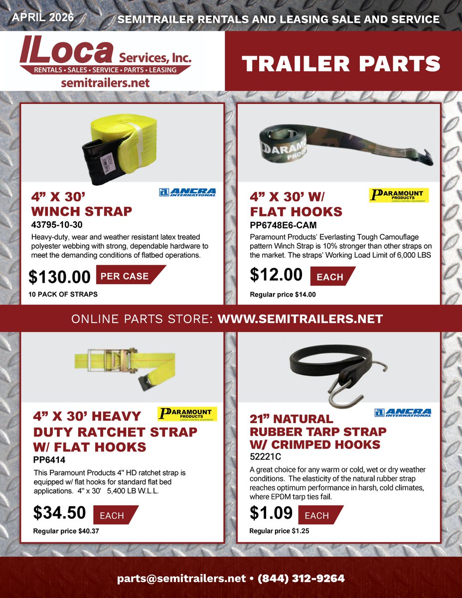 ILocaServices's tweet photo. April flyer specials are available now.
Trusted brands and in-stock inventory.
Support from your local cargo control experts.
Visit https://t.co/bFxVGbzNC8 or stop by our locations in IL, IA, or WI to get the gear you need.
#CargoControl #LoadSecurement #SemiTrailerPart https://t.co/GaUS9Jvs07