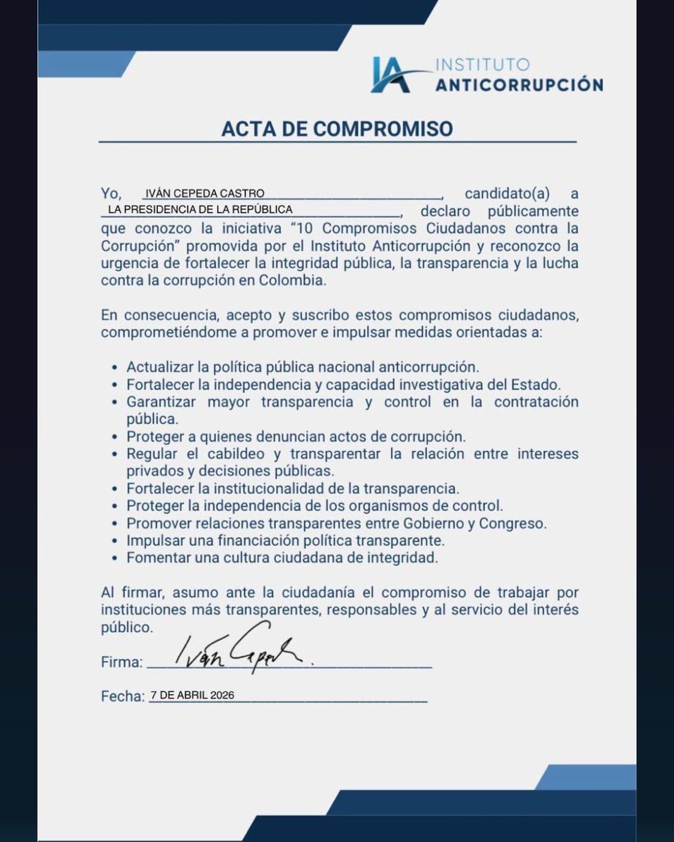 InstAnticorrup's tweet photo. El candidato @IvanCepedaCast suscribió los 10 Compromisos Ciudadanos contra la Corrupción

Agradecemos su disposición y reconocemos el trabajo del equipo, especialmente de la representante @delmarpizarro 

Seguimos invitando a todas las candidaturas a sumarse. https://t.co/2D2FWyJN3F