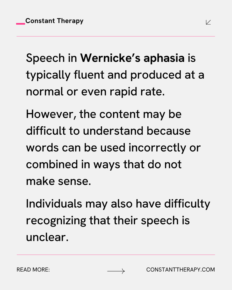 ConstantTherapy's tweet image. Wernicke’s #aphasia is a type of fluent aphasia caused by damage to the posterior of the left temporal lobe, known as Wernicke’s area. This region is critical for language comprehension. #WernickesAphasia primarily affects the ability to understand language.