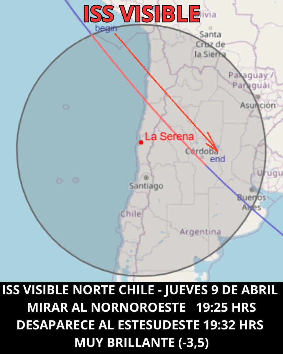 OvniChile1's tweet image. 🚀✨ ATENCIÓN NORTE DE CHILE

JUEVES 9 👉 ISS ULTRA BRILLANTE (-3,5)
🕖 19:25 hrs
👀 NORNOROESTE → NE → ESTE
SÁBADO 11 👉 TAMBIÉN VISIBLE (-2,4)
🕖 19:27 hrs
👀 OESTENOROESTE → SUR
⚡ Se verá como una estrella en movimiento (NO parpadea)

#ISS #Chile #CieloNocturno