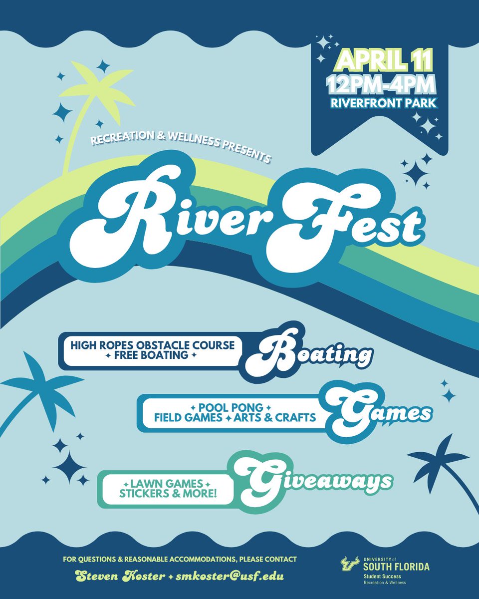 usf_rec's tweet photo. ☀️RiverFest 2026 is almost here!

Grab your friends and join us at Riverfront Park on April 11 from 12-4 PM for a day of adventure, vibes, and fun!

📍 Riverfront Park
🗓️ April 11 | 12PM - 4PM
✨ Free giveaways, stickers, and more!

#usf #usfrecwell #riverfest26 https://t.co/vjAYeLmmXF