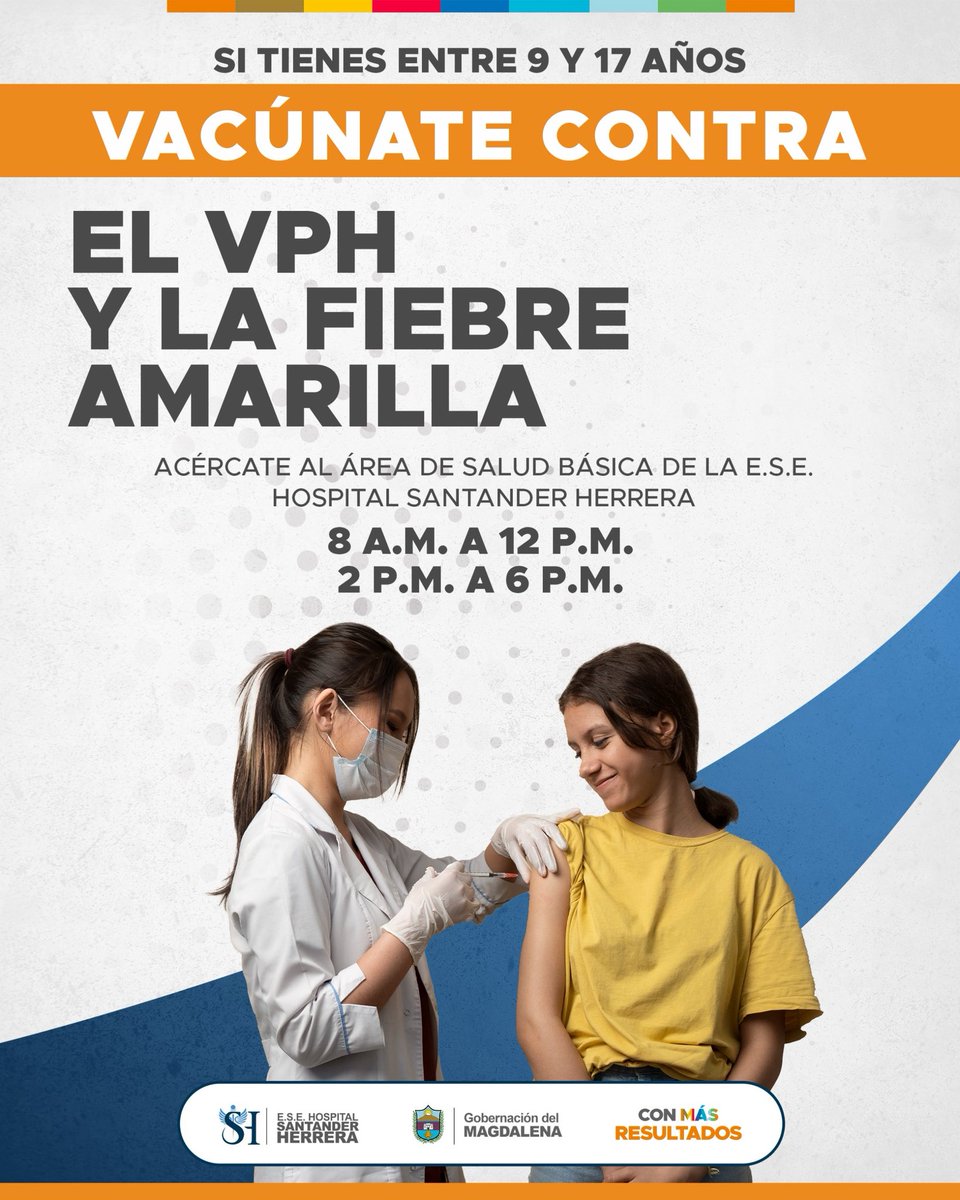 hospitalpivijay's tweet photo. 💉🧡 Vacunarse es prevenir y proteger la vida.

Niños, niñas y adolescentes (9–17 años): acérquense a la E.S.E. Hospital Santander Herrera y vacúnense contra el Virus del Papiloma Humano (VPH) y la Fiebre Amarilla.

¡Cuidar tu salud es cuidar tu futuro! 🧡 https://t.co/OI2zYCH6BK