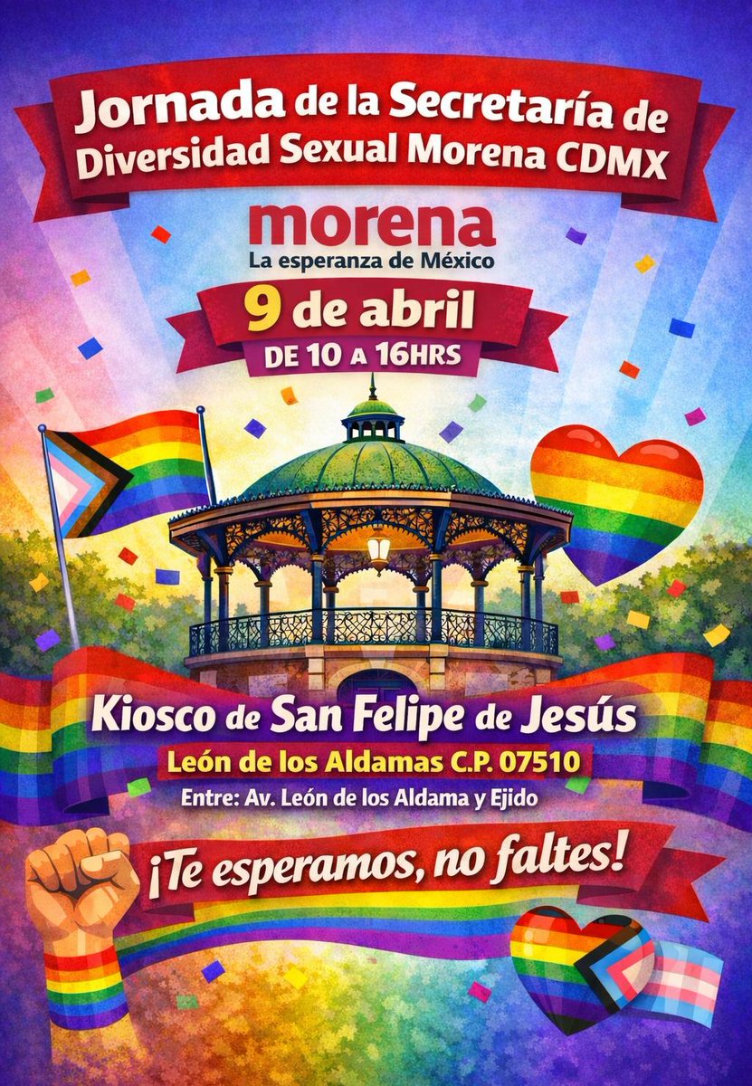 SedisexCDMX's tweet photo. ✨🏳️🌈 Nos vemos mañana para continuar construyendo territorio de la mano de cada unx de ustedes
📍 Kiosco de San Felipe de Jesús, León de los Aldamas C.P. 07510
⌛ 10:00 A.M. a 16:00 P.M.
#morenava
#La4taTAvanza https://t.co/YCX79B4YjR