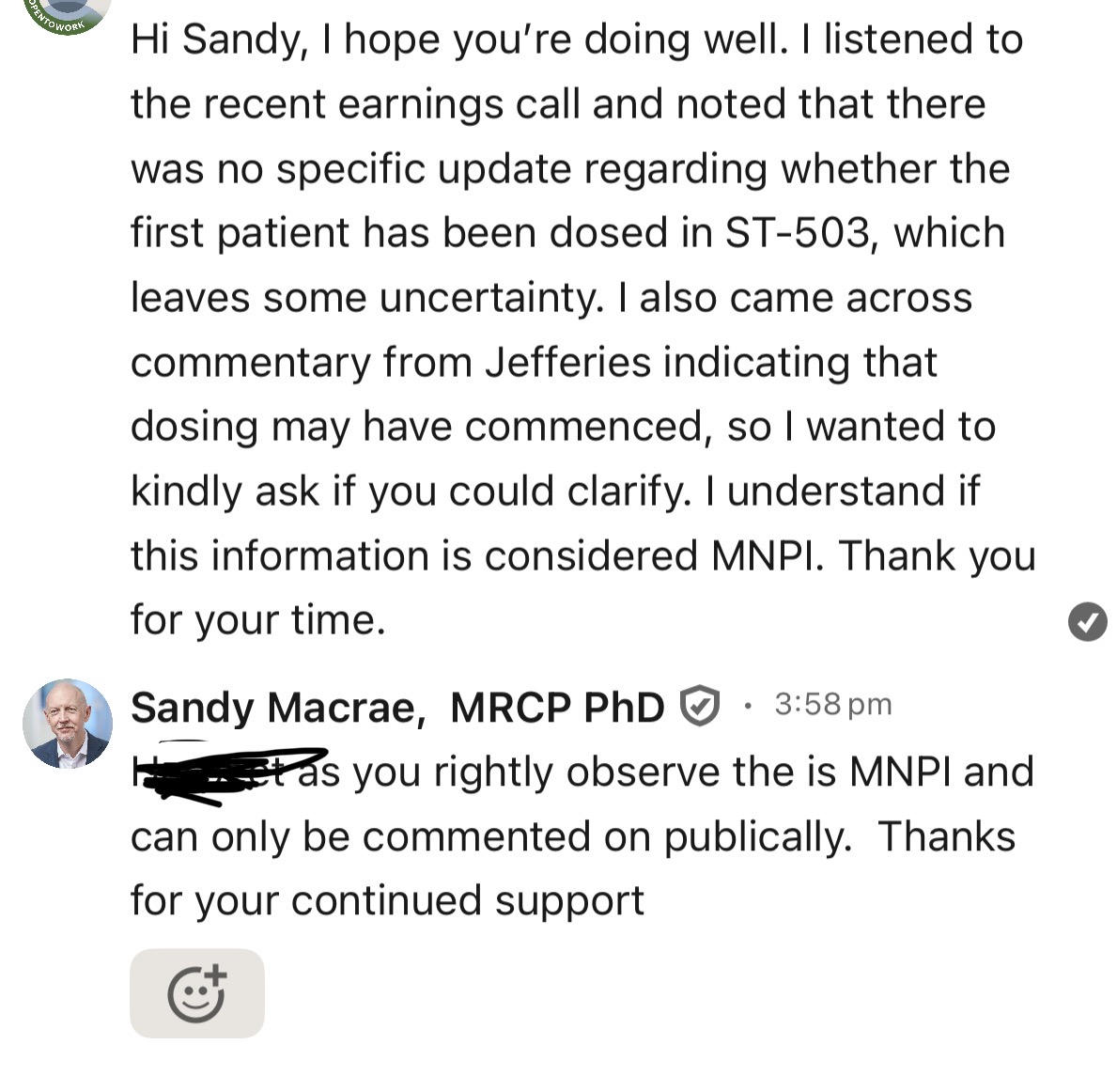 Jota5571189851's tweet image. $sgmo
They are with holding the information about patient dosed 
Even if no patient was dosed they could have said we are gona dose soon in upcoming months