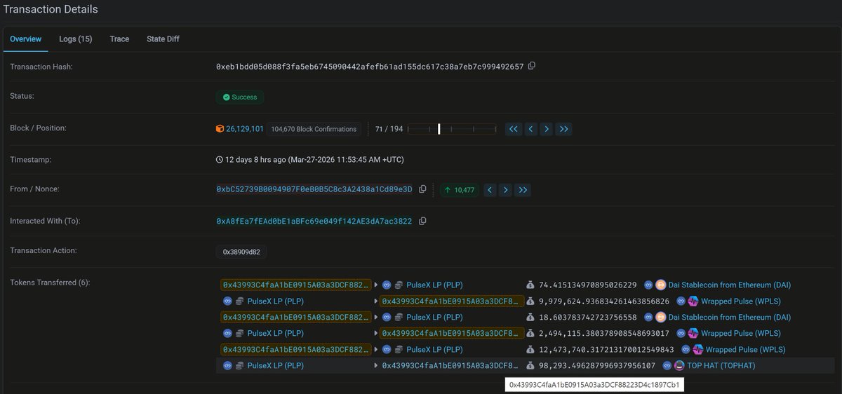 Defi_Holliday's tweet photo. 🧵3/3:

Example 2:

Two different LPX transactions (same $TOPHAT / $DAI LPX).

Image 1: Old RouterX Swap Path.
Image 2: New RouterX Swap Path.

Again: 

• More routes = deeper liquidity access
• More hops = more fee events (more $PLSX burns)
• More execution paths = more arbitrage captured

Transaction hashes for the referenced swaps
1. 0xeb1bdd05d088f3fa5eb6745090442afefb61ad155dc617c38a7eb7c999492657
2. 0xc62505f22db5e2bd335b9a6879fcfdffa2104c9ce501b971d922334ed71c4d34
