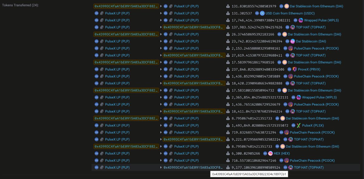 Defi_Holliday's tweet photo. 🧵3/3:

Example 2:

Two different LPX transactions (same $TOPHAT / $DAI LPX).

Image 1: Old RouterX Swap Path.
Image 2: New RouterX Swap Path.

Again: 

• More routes = deeper liquidity access
• More hops = more fee events (more $PLSX burns)
• More execution paths = more arbitrage captured

Transaction hashes for the referenced swaps
1. 0xeb1bdd05d088f3fa5eb6745090442afefb61ad155dc617c38a7eb7c999492657
2. 0xc62505f22db5e2bd335b9a6879fcfdffa2104c9ce501b971d922334ed71c4d34