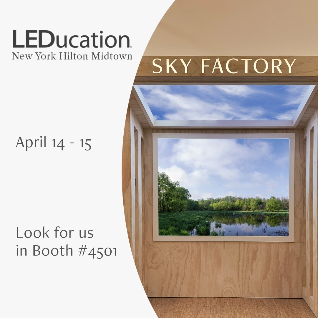 TheSkyFactory's tweet photo. Join us at booth #4501 at LEDucation next week! We're excited to present the first in-booth viewing of our new lighting product along with OpenView Luminous Virtual Windows, featuring our largest panoramic landscapes complemented by an IRIS Circadian SkyCeiling.
#LEDucationNYC https://t.co/WwPUVnlIV1