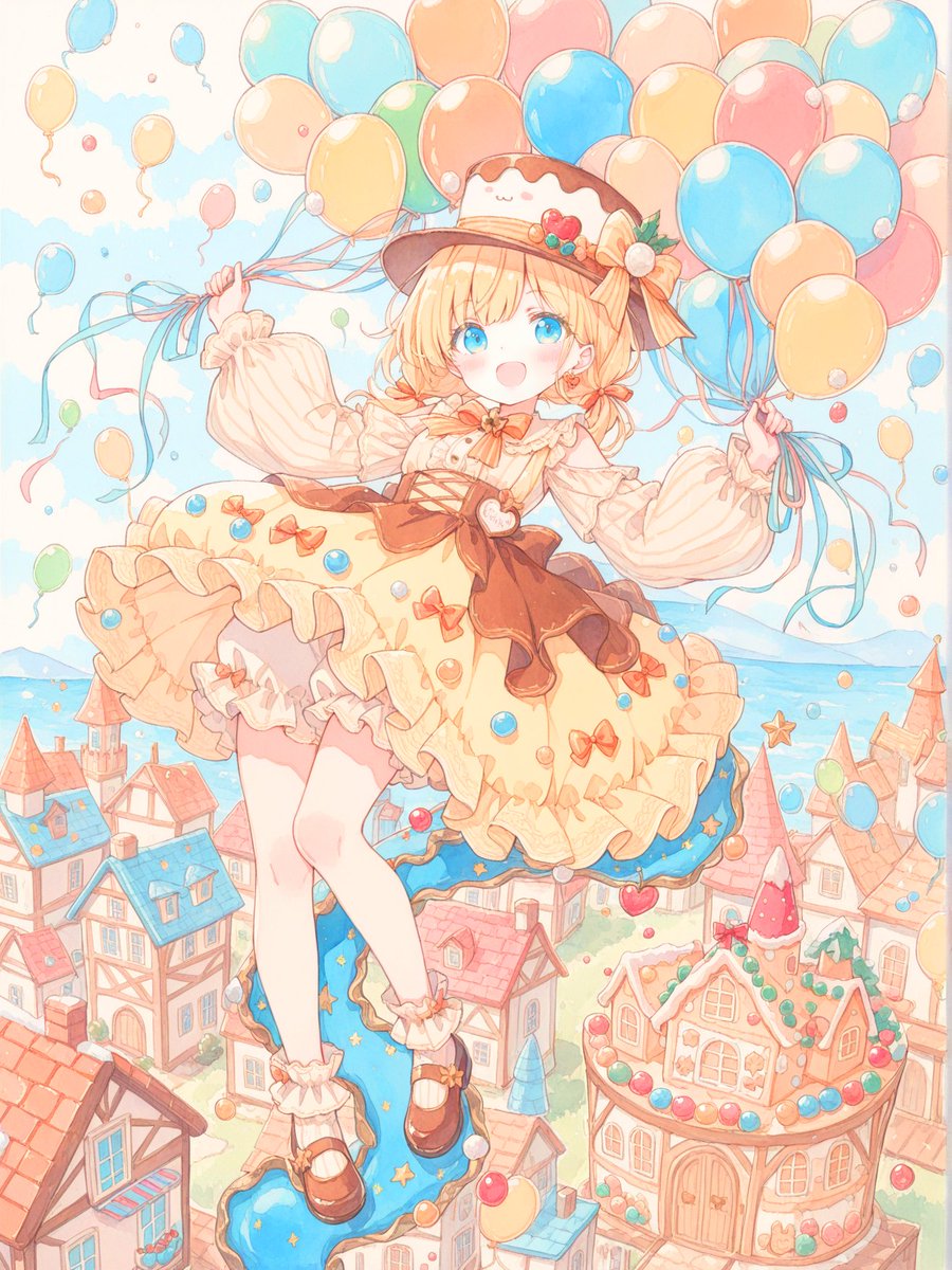 STISKN_'s tweet photo. #AIイラスト #AIart 
カラフルなお菓子の国の上空を風船で飛ぶプリンの衣装の女の子を作ってみました https://t.co/lLC4yo2RYG