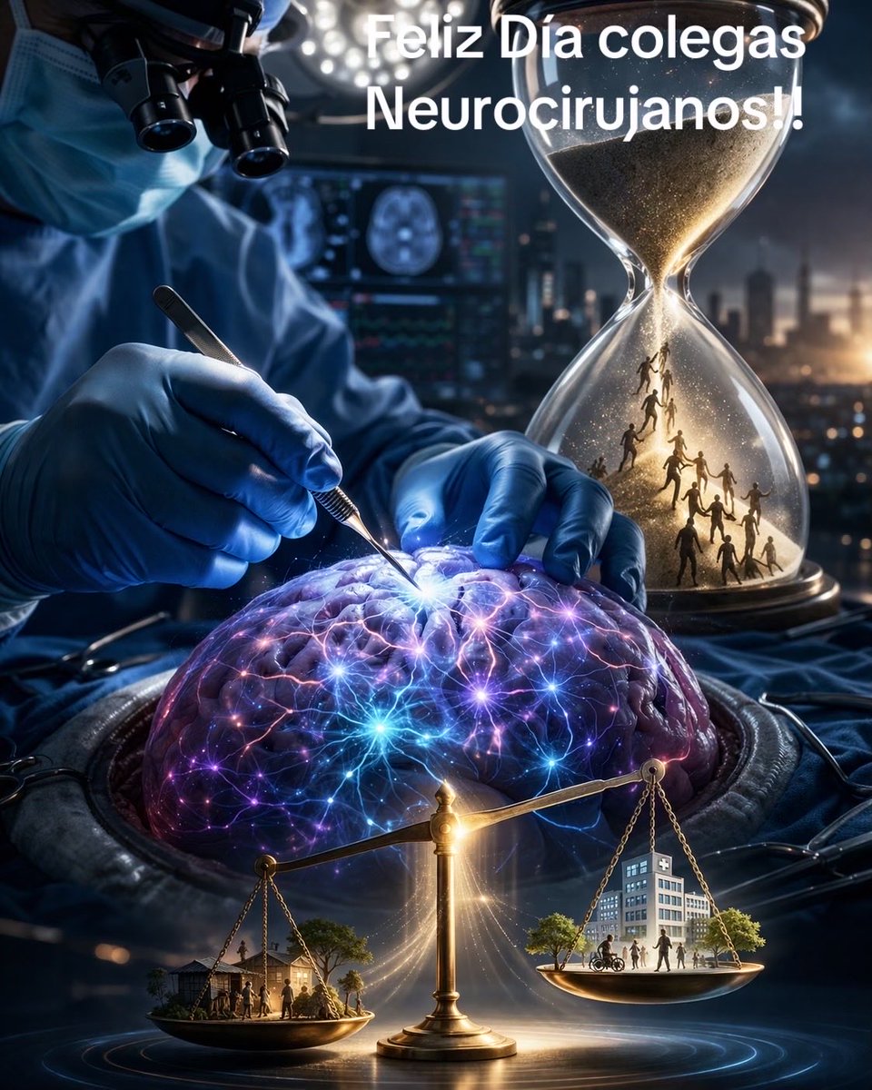 Les comparto la descripción del diseño de la imagen del día del neurocirujano: 

Escena cinematográfica y emocionalmente intensa. Primer plano de las manos de un neurocirujano, ataviadas con guantes quirúrgicos azules, realizando una incisión delicada sobre un cerebro humano