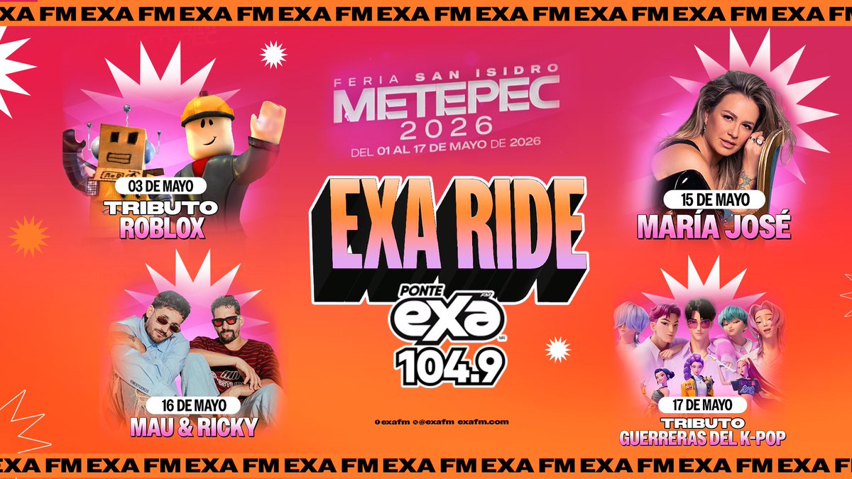ExaFM's tweet photo. 🎡✨ ¡La fiesta más grande llega con EXA RIDE!
Disfruta a #MaríaJosé, #MauYRicky y shows increíbles 🎶🔥
🚗💥 ¡Nosotros te llevamos!
📻 Participa en nuestros programas en vivo para ganar 🎟️

#ExaRide #FeriaMetepec . https://t.co/Ads0eQdsde