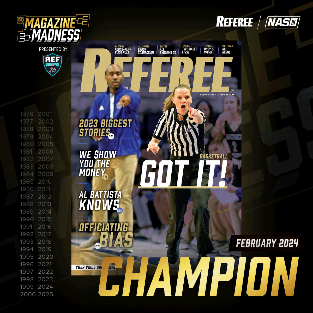 RefereeMag's tweet photo. The Readers have spoken and we have a champion! Presented by the good people at @RefReps, Referee Readers made their picks for favorite cover from a field of 64 that represented all the eras of Referee's 50 years of publishing. Read more here: https://t.co/eIfeH9sxzN https://t.co/vgaVWGdQFw