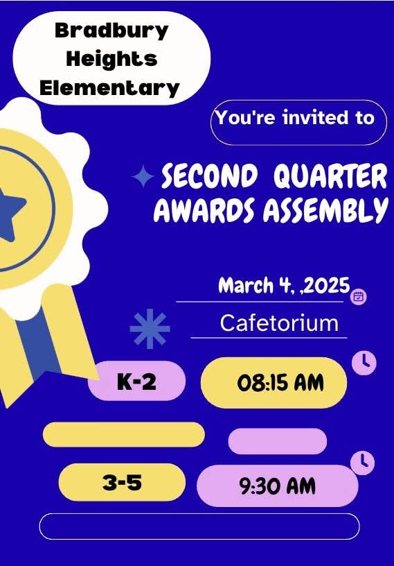 BradburyHeights's tweet image. BHES Awards Assembly - Second Quarter 

Join us to celebrate our scholars accomplishments! Congratulations to our first quarter Honor Roll Assembly recipients. Contact Mrs. Pippens at jpippens@pgcps.org for more information.

#bradburyheights #BHES #BHESPTOSQUAD