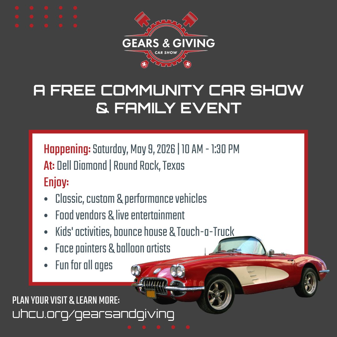 UHCU's tweet photo. Gears &amp; Giving Car Show is coming soon. We can't wait to take over Dell Diamond May 9th! Entry is FREE! Hang out from 10 AM – 1:30 PM and help us support our Charity Foundation.

Click on this link to get all the details: https://t.co/4ikbjOHV9Z

#carshow #roundrock #austincars https://t.co/CzUKEpZbWs