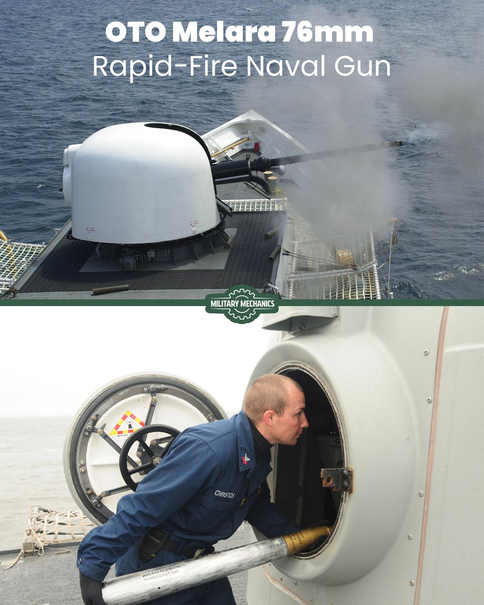 MilitaryMechs's tweet image. This 76 mm naval gun fires up to 120 rounds per minute, countering air and surface threats with compact, versatile deployment worldwide.

#NavalGuns #RapidFire #MilitaryMechanics