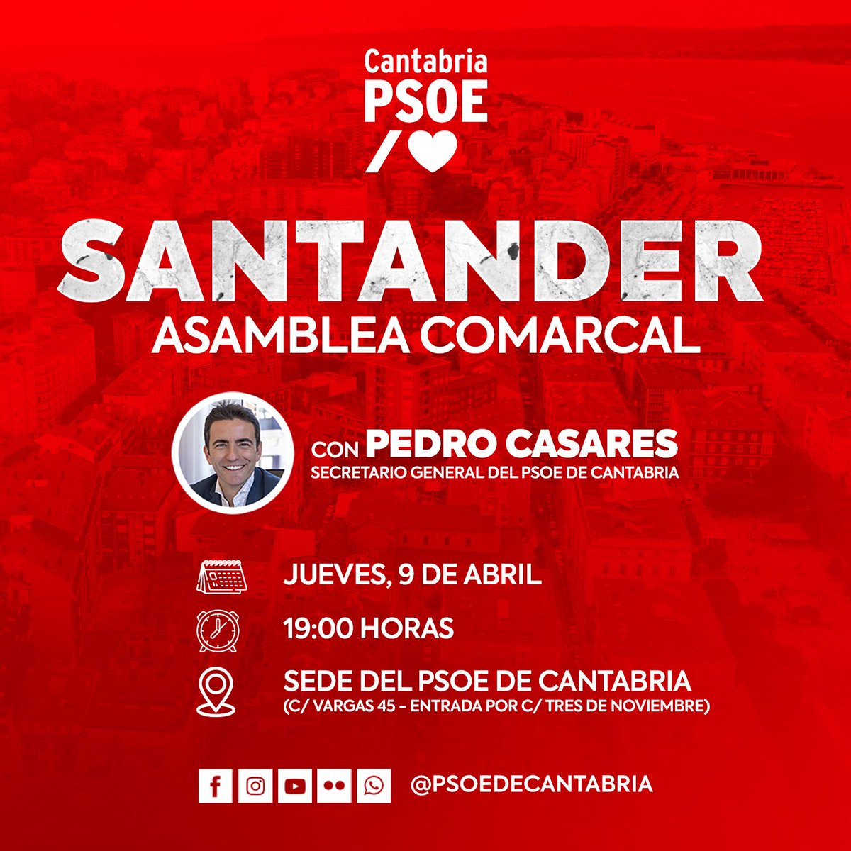 PSOECantabria's tweet image. 📢 Asamblea comarcal abierta en #Santander con el secretario general, @pedro_casares, y el secretario general del @psoesantander, @fergodani.

📍Sede autonómica del PSOE  (C/ Vargas, 45, entrada calle tres de noviembre)

📅Jueves, 9 de abril

⏰19:00 horas

¡Te esperamos!🌹