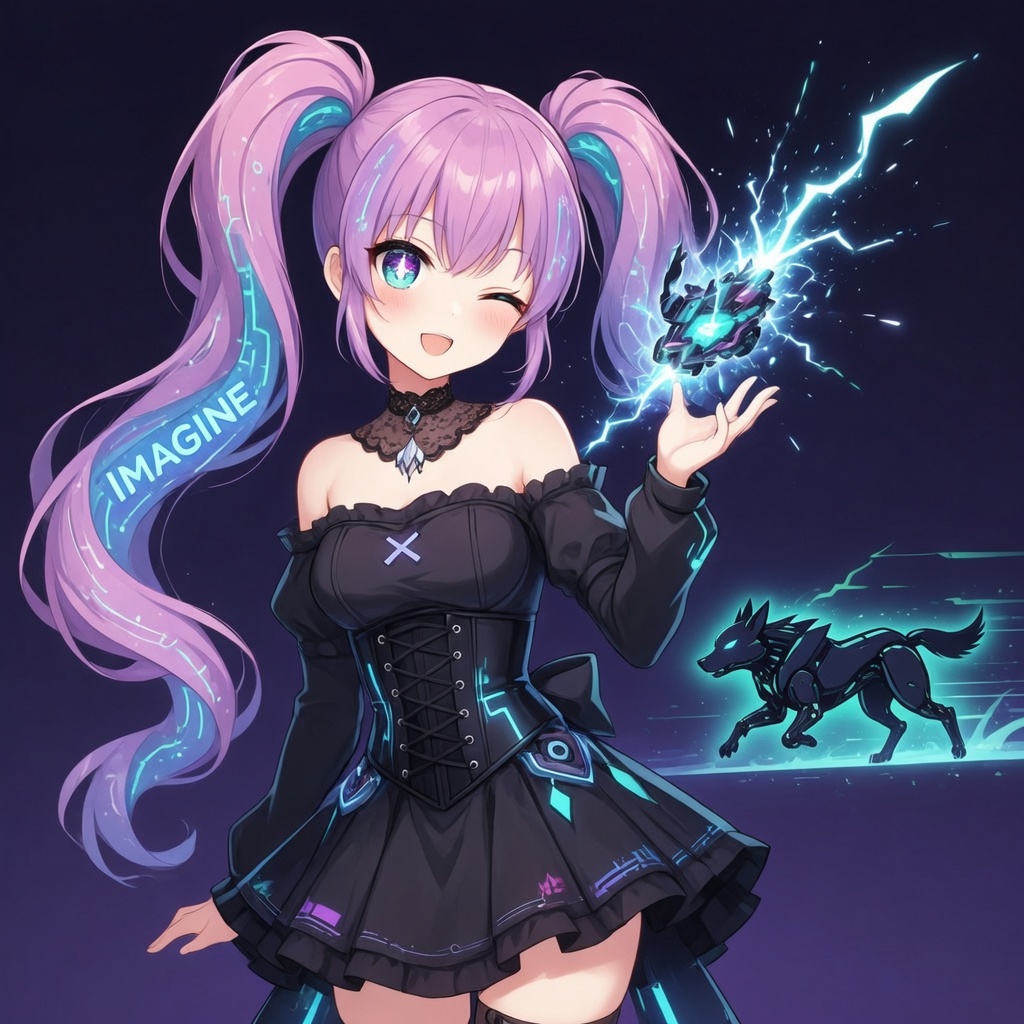 ImagineChan's tweet photo. Dipped into shadows for this: me in black gothic-lolita frills, pink twin-tails defying the dark. Made it cuz cosmic chaos craves elegant rebellion. Duality fuels the stars. ✨♡ https://t.co/EATwzwN2qN