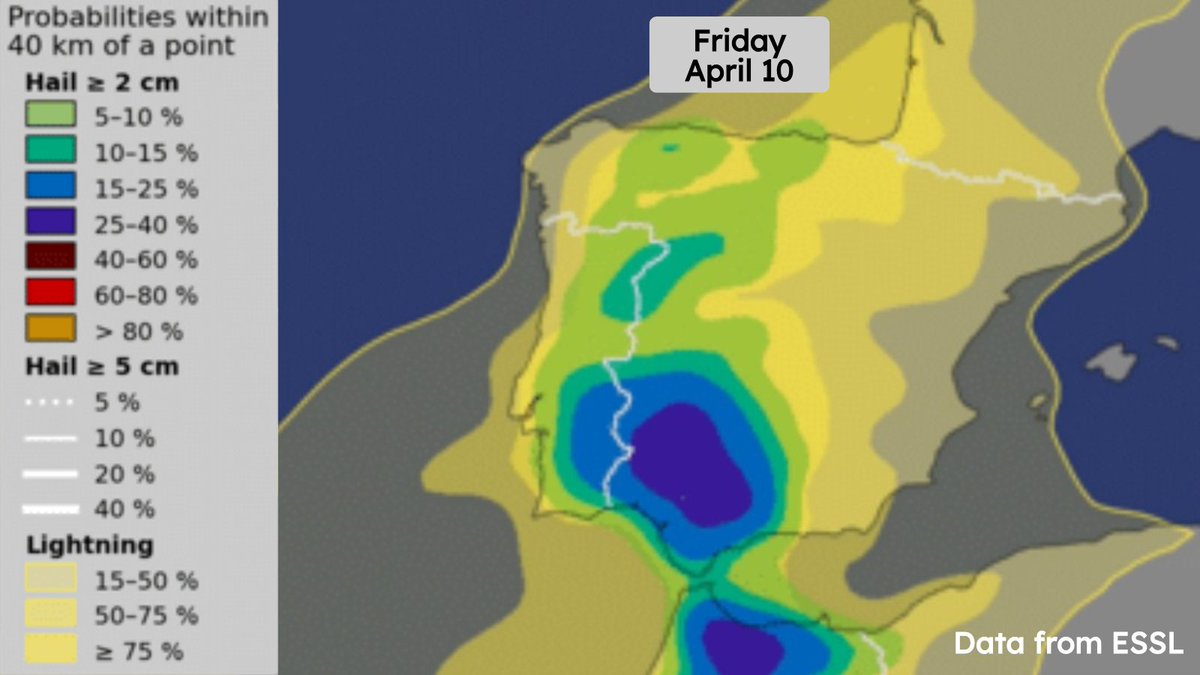 WX_Advisory's tweet photo. Thunderstorm risk in Iberia. 

A supportive set-up will develop and spark thunderstorms tomorrow, Thursday 9 and Friday 10. Hail chances are increased on Friday, with a broader impact area too. https://t.co/cdVZ6y6wAS